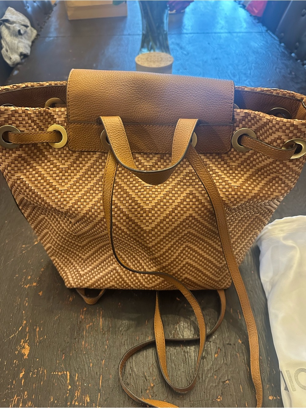 Michael Kors Tan/Brown Woven Chevron Drawstring Bucket Bag - Picture 4 of 6